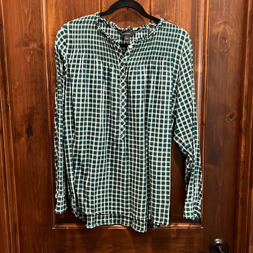 J. Crew 14 Tall Voile Cotton Green Plain Long-Sleeved Pintuck Top